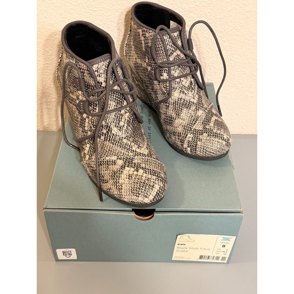 TOMS Kala Women’s Size 8 Black Multi Faux Snake Lace-Up Wedge Ankle Booties